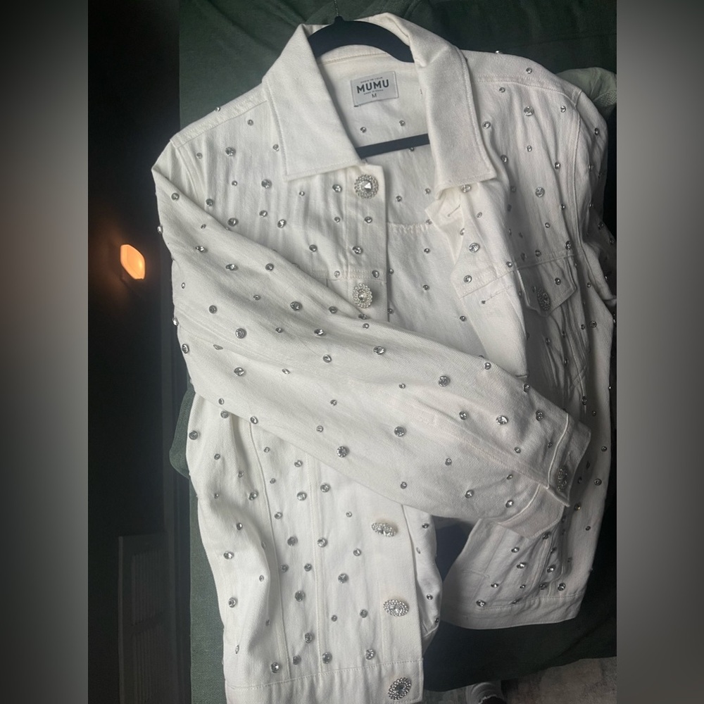 Show Me Your MuMu White Jean Jacket with Silver Accents